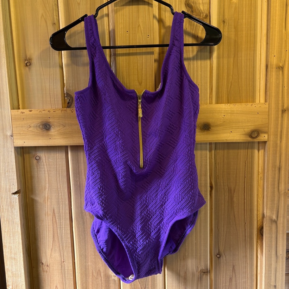 Vibrant Vintage Purple Swimsuit with Textured Design and Gold Front Zipper